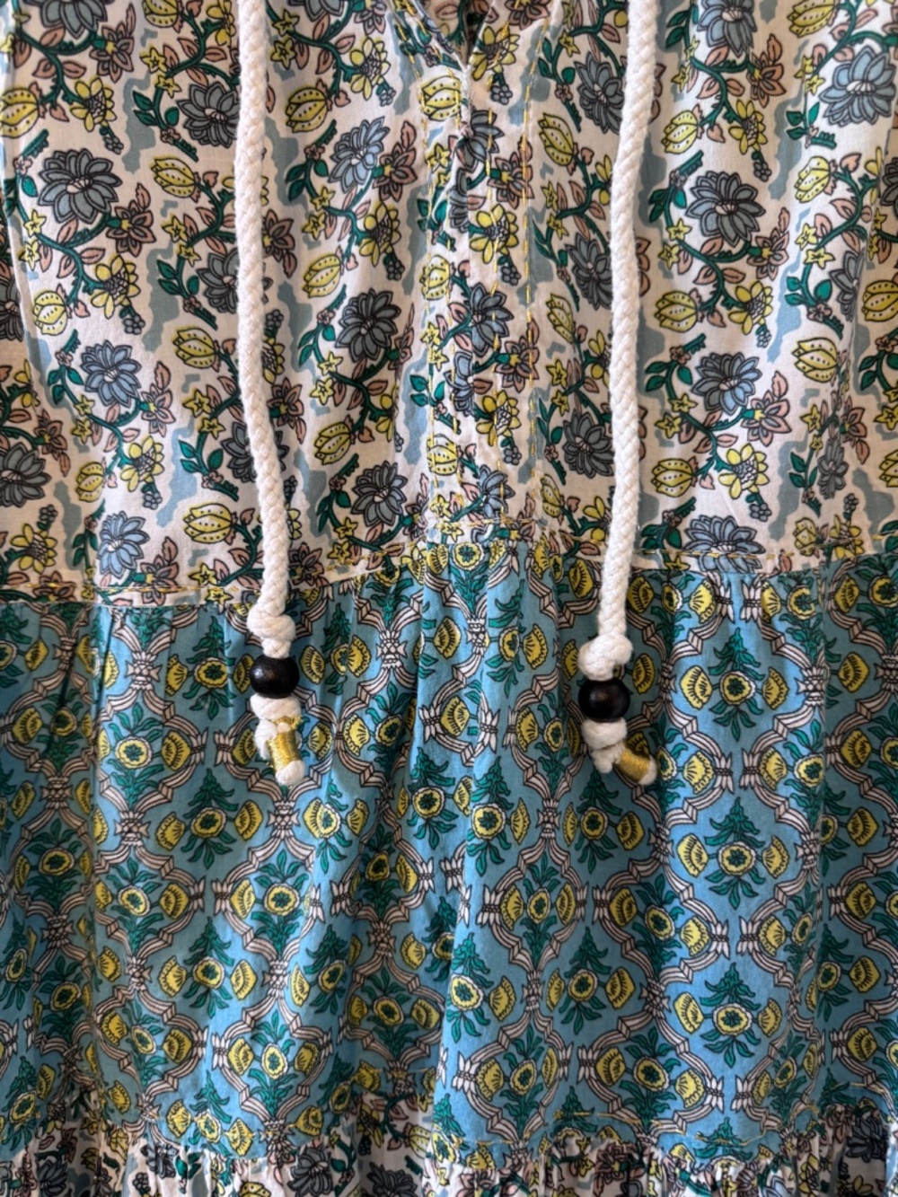 Chelsea & Theodore Boho Tiered Dress 2X Blue Floral Tassel Cotton - Picture 3 of 10